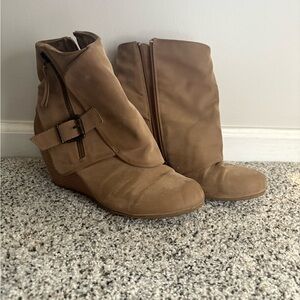 Tan faux leather wedge heel booties size 7.5
